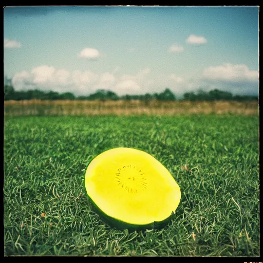 Image similar to completely yellow mellon on a lush green medow. portrait, 3 5 mm