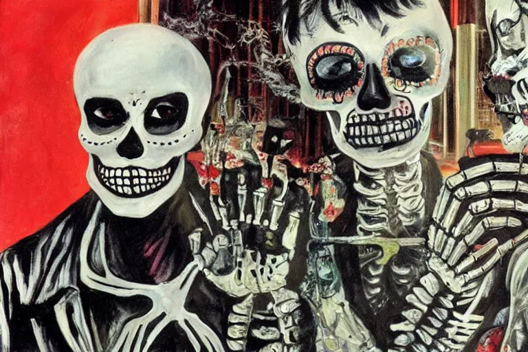 Image similar to scene from scarface, day of the dead, cyber skeleton, neon painting by otto dix