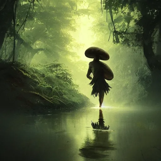 Image similar to a tiny mushroom person with a mushroom for a head walking by a stream in a lush forest, dramatic lighting, illustration by Greg rutkowski, yoji shinkawa, 4k, digital art, concept art, trending on artstation