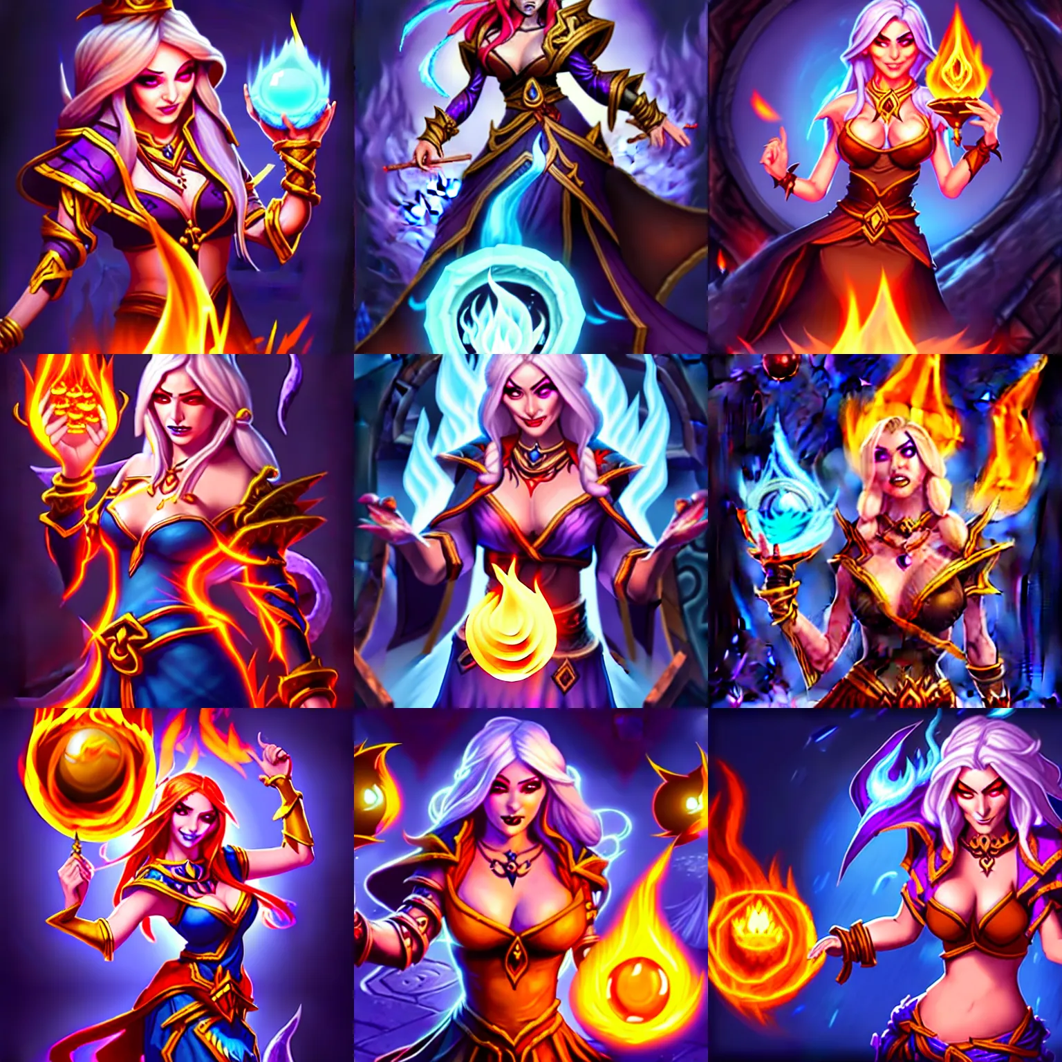 Prompt: a sorceress casting a fire ball, Hearthstone official splash art, small waist, wide hips, busty, full body, large breasts, small head