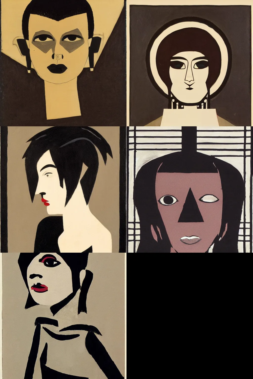 Prompt: goth painted by josef albers. high - quality character portrait. short dark brown messy pixie haircut, large black eyes, slightly rounded face, pointed chin, small nose, black tank top, black leather jacket, black knee - length skirt, black choker.