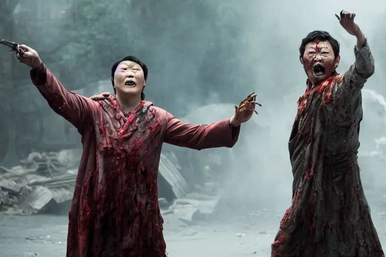 Image similar to film still of zombie zombie Benedict Wong as a zombie in full robes opening a sling portal in new avengers movie, 4k