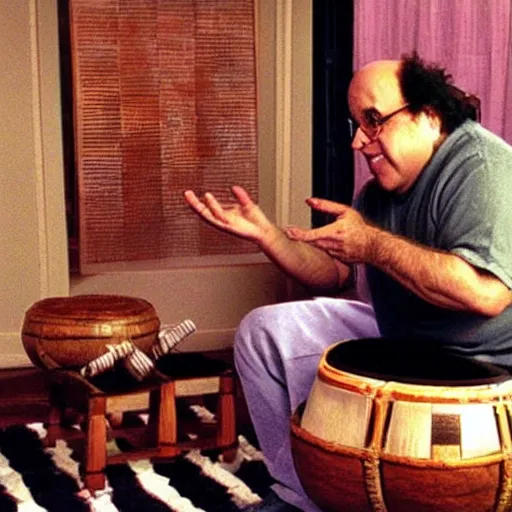 Image similar to “PlayStation 2 graphics, Danny devito playing the bongo drums”