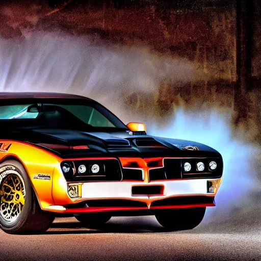 Prompt: black pontiac firebird trans - am with flames graphics on the chassis facing the camera, sunrise, cinematic, motionblur, sunbeams, volumetric lighting, wide shot, low angle, lightning, clown