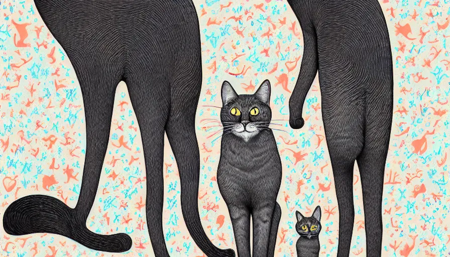 Image similar to artwork of really tall sitting cats by james jean, thick brush, 4 k resolution