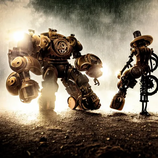 Image similar to steampunk robot warriors battling each other in heavy rain, ground fog, @, moody lighting, 8 k, lightning, shallow depth of field, cinematic lighting,