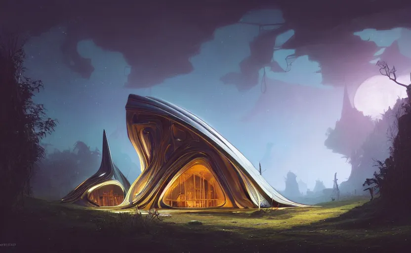 Image similar to exterior shot of witch hut utopian architecture transparent building with cinematic lighting by zaha hadid and renzo piano, darek zabrocki and greg ruthkowski, alphonse mucha, simon stalenhag, cinematic, stars, beautiful, holy place, paradise, scifi, futurism, atmospheric, concept art, artstation