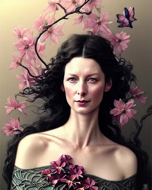 Prompt: beautiful and playful ethereal caitriona balfe ( outlander ) portrait, art nouveau, fantasy, intricate flower designs, elegant, highly detailed, sharp focus, art by artgerm and greg rutkowski and wlop