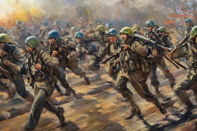 Prompt: intense vibrant film still of infantry charging across a bridge, spanish civil war 1 9 3 7, oil painting by ferrer dalmaui, trending on artstation