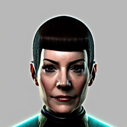 Image similar to Star Trek TNG crew portrait, Cyberpunk 2049, highly detailed, realistic, Unreal engine, Octane render, Weta digital, HDRP, RTX, volumetric lighting