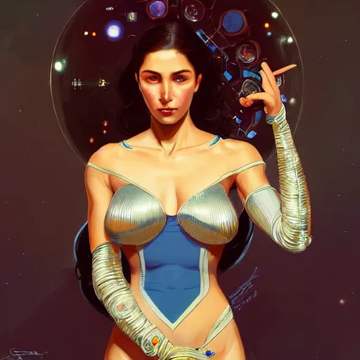 Image similar to Portrait of very very very very very very beautiful Latina woman, spacesuit, blue eyes, intricate, elegant, highly detailed, digital painting, artstation, concept art, smooth, sharp focus, illustration, art by artgerm and greg rutkowski and alphonse mucha