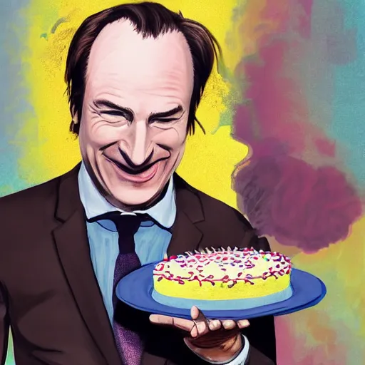 Image similar to bob odenkirk, smiling, holding a birthday cake, anime art, trending on artstation