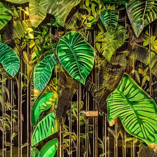 Prompt: sunrise in a tropical jungle, lighting a door that is overgrown with vines, leaves on the ground, small window with a light inside, sun rays, beautiful steel wall covered in geometric artwork, extreme detail, 8k