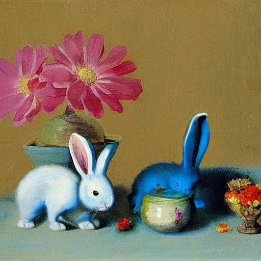 Image similar to The painting is a beautiful and playful work that perfectly encapsulates the artist\'s unique style. The painting features a rabbit made out of ceramic, which is surrounded by brightly colored flowers. The work is both charming and sophisticated, and it is sure to bring a smile to any viewer\'s face. hygge, inverted colors by Hendrick Avercamp, by Matti Suuronen, by Tom Thomson eclectic