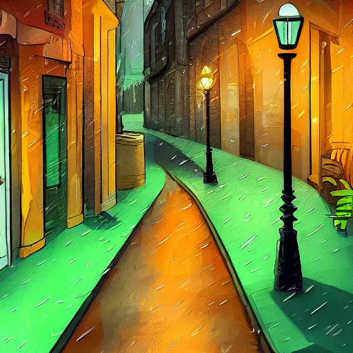 Image similar to a cute orange tabby cat with green on an old street, it is night and raining, street lamps are illuminating the street, moody lighting, peaceful atmosphere, digital art, highly detailed, high contrast, beautiful lighting, award winning, trending on art station, 8 k,