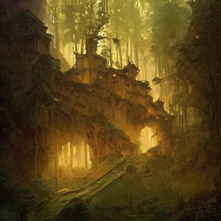 Image similar to a detailed painting inspired by moebius and beksinski of a medieval building with two floors in the forest. fantasy poster. cinematic fantasy scene. aurora lighting. fantasy. carl spitzweg. baroque elements. baroque element. intricate artwork by caravaggio. oil painting. award winning. dramatic. trending on artstation. 8 k
