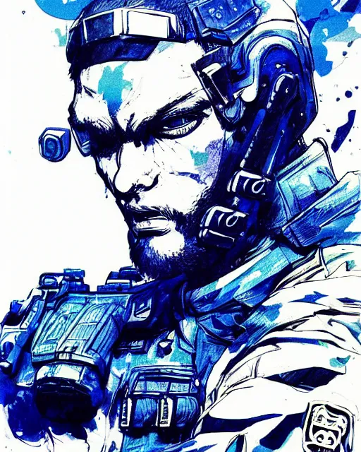 Prompt: portrait of a special ops swat officer, blue color splash, concept art, sumi - e style, intricate linework, artstation, trending, highly detailed, smooth, focus, art by yoji shinkawa,