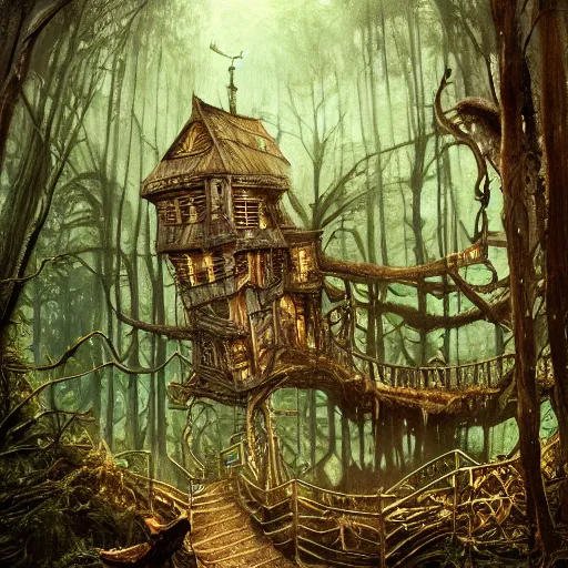 Image similar to dilapidated broken down treehouse, tucked within the witchwood forest, evil fairies, overgrown, detailed intricate ink illustration, dark atmosphere, detailed illustration, hd, 4k, digital art, overdetailed art, concept art, by greg rutkowski, by loish, complementing colors, Trending on artstation, deviantart