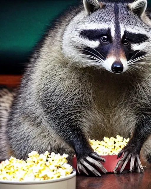 Image similar to an obese raccoon lays on it's back while watching tv from a green leather recliner, the raccoon is lazily eating from a pile of popcorn on it's belly