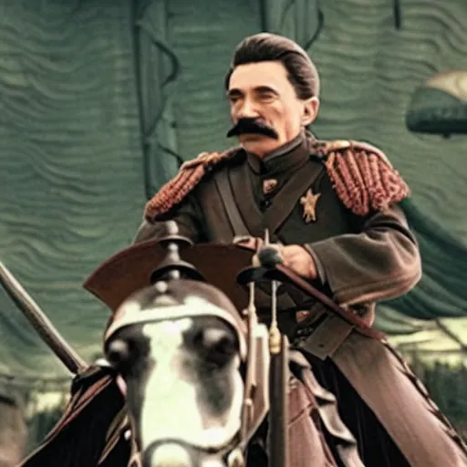 Prompt: Photo of Joseph Stalin riding the dragon from Game of Thrones ,