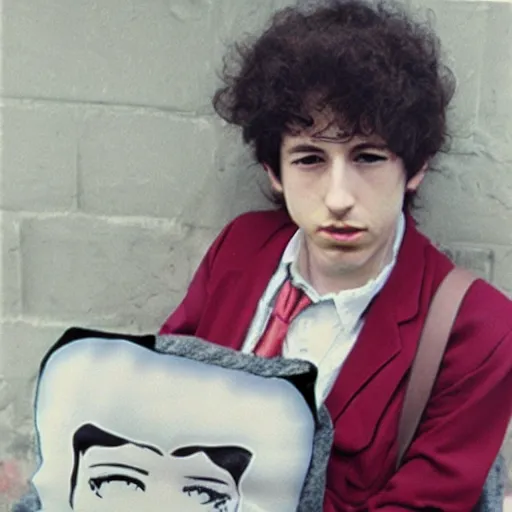 Image similar to young bob dylan with an anime waifu pillow.