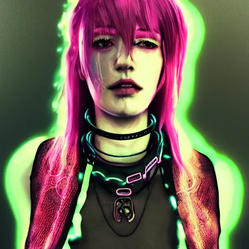 Image similar to detailed realistic cyberpunk female character cyberpunk wearing large steel collar around neck, realistic, art, beautiful, 4K, collar, choker, collar around neck, punk, artstation, detailed, female, woman, choker, cyberpunk, neon, punk, collar, choker, collar around neck, thick collar, choker around neck, wearing choker, wearing collar, bright neon punk hair, collar, choker,