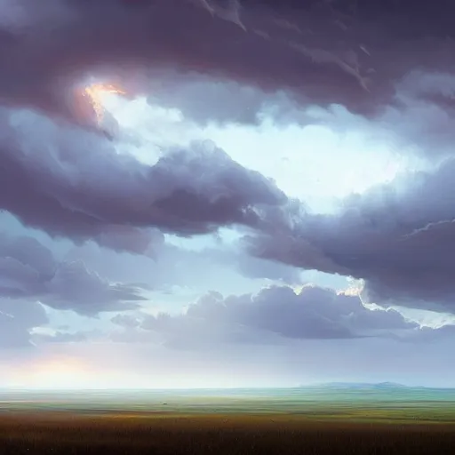 Image similar to Storm brooding over the plains, matte painting by Sylvain Sarrailh. Bright volumetric sunlight