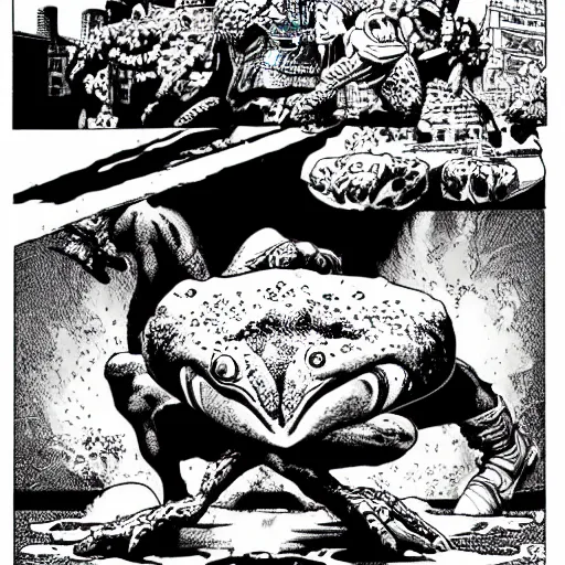 Prompt: giant mutated transfigured frog fighting mushroom warrior, black and white, graphic novel, detailed, in the style of Geoff Darrow and Frank Miller
