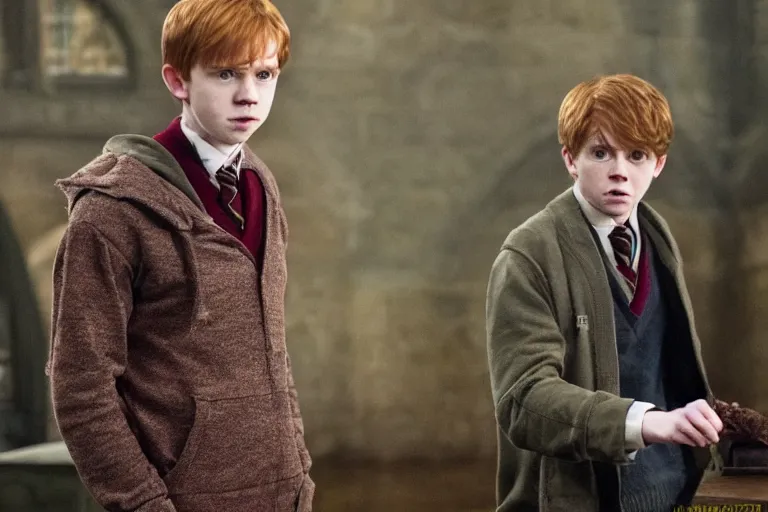 Image similar to film still Freddy Highmore as Ron Weasley wearing hogwarts uniform in Harry Potter movie