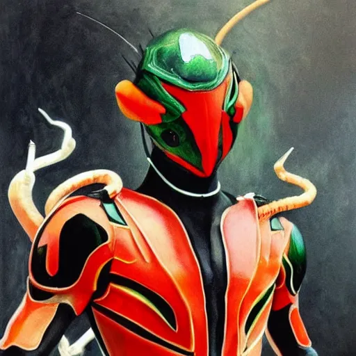 Prompt: a realistic painting by Raffaello Sanzi depicting the Kamen Rider Ichigo with the head of the symbiotic Venom in the Renaissance.