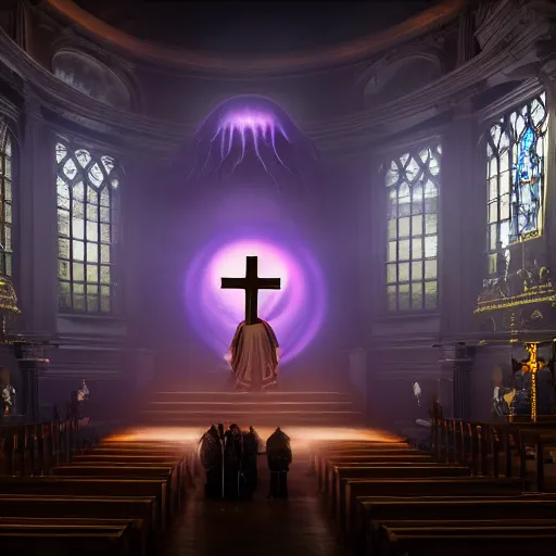 Image similar to center view photography of a group of priest in circle invoking an hyper realistic lovecraft creature portrait in a huge ritual portal in a church, 4 k, fantasy art, glamorous composition, wide - angle shot, cinematography lighting, volumetric fog, vivid colors, realistic, octane render, unreal engine