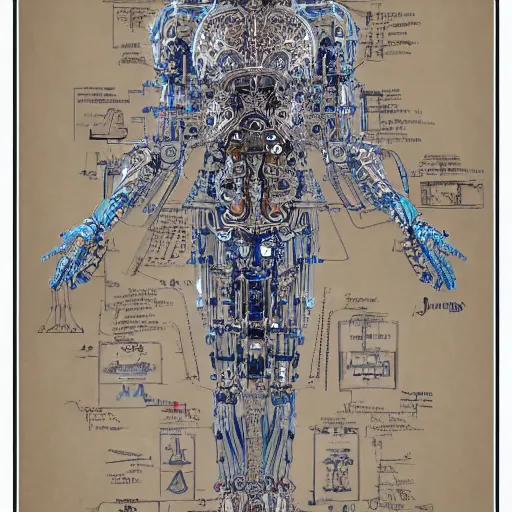 Image similar to schematic blueprint of highly detailed ornate filigreed convoluted ornamented elaborate cybernetic medical equipment, art by da vinci