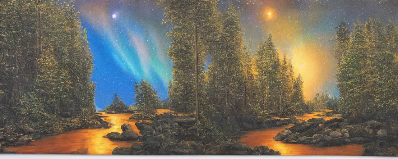 Prompt: a river running through the mountains, forest, at night, blue aurora, saturn in the sky, classic painting, award winning, highly detailed