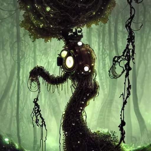 Prompt: Highly sophisticated microcosmic mechanical steampunk character with robotic arms and short mechanical legs and two (((glowing))) eyes in mystical forest with glowing algae in the tree trunks and vines hanging from the branches, creepy ambiance, desaturated, fog, sharp focus, magical, refined, beautiful, eerie, artsy