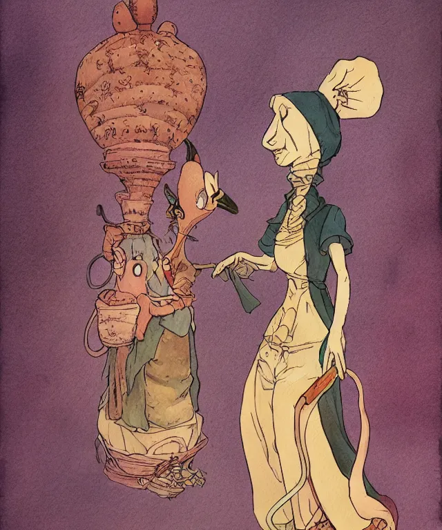 Image similar to a watercolor ink painting of the selfless female anthropomorphic mouse midwife. her wardrobe is complicated in the style of jean giraud in the style of moebius trending on artstation deviantart pinterest photorealistic hd 8 k highlights and shadow detailed high resolution