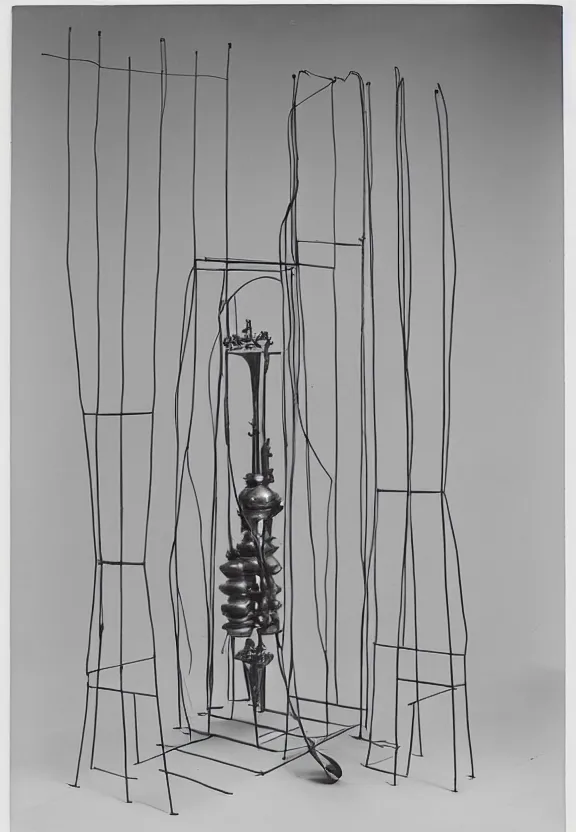 Prompt: a chess - piece building machine, minimal white machinery with cables, a surrealist sculpture by marcel duchamp, archival pigment print, 1 9 1 4, conceptual art, artwork, academic art, surrealist, fluxus