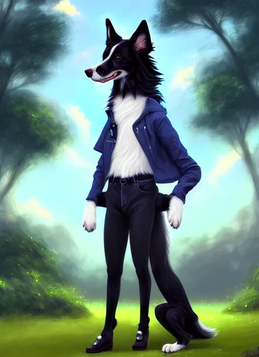 Prompt: full body digital painting of a cute male anthropomorphic border collie fursona wearing a jacket in front of a park, furaffinity, scenic background, intricate, elegant, beautiful, fantasy, highly detailed, glamor pose, trending on artstation, art by charlie bowater and henry asencio and and ross tran