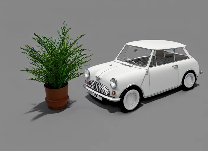 Image similar to a small miniature of a Mini Cooper S 1963 on a white table near a vase with a plant, 3d render, octane render, unreal engine 5, path tracing, serene landscape, calm, relaxing, beautiful landscape, highly detailed, high quality, 4k, symmetrical, low contrast, view from above