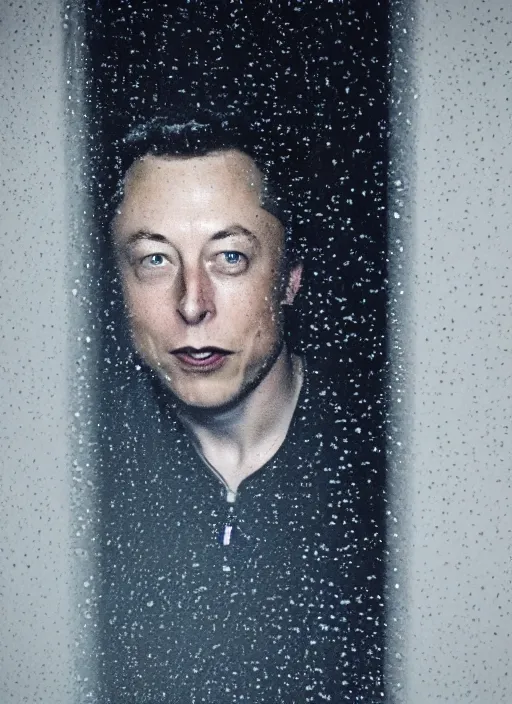 Image similar to dark photo of dark blue rainy bedroom window at night, dimly lit creepy face of elon musk staring in through the window, horror, scary face,