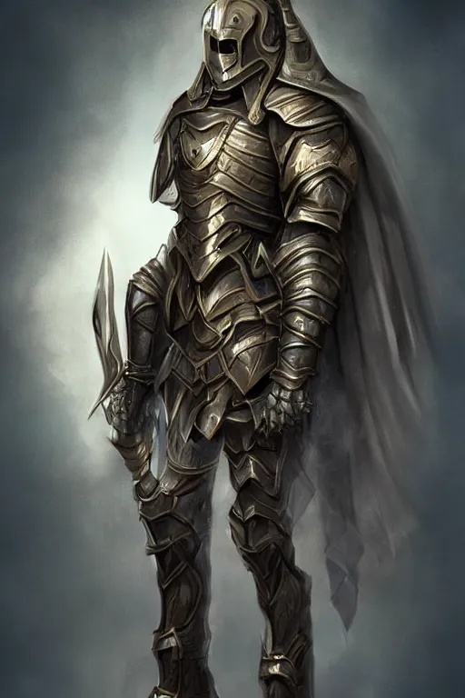 Image similar to Full-length portrait of a paladin in iridescent heavy armor, dark fantasy, digital art.