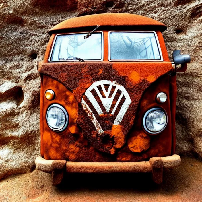 Prompt: image of ancient vw bus on the wall, mammoths and hunters, ancient prehistoric rock art in a cave style, red ocher paint