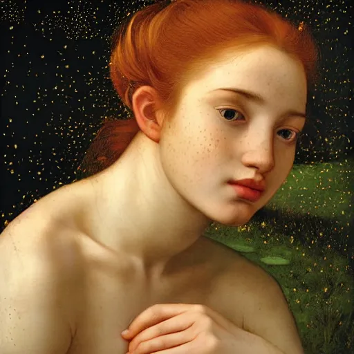 Image similar to portrait of happy a young woman, among the lights of golden fireflies and nature, long loose red hair, intricate details, bright green eyes, freckles on the nose, round gentle face, intricate dress, deep focus, smooth, sharp, golden ratio, hyper realistic digital art by artemisia lomi gentileschi and caravaggio, full body dreamy art