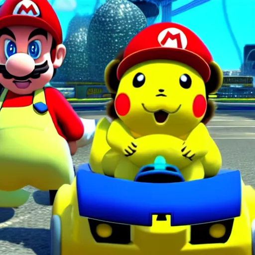 Image similar to Pikachu in Mario Kart, screenshot,