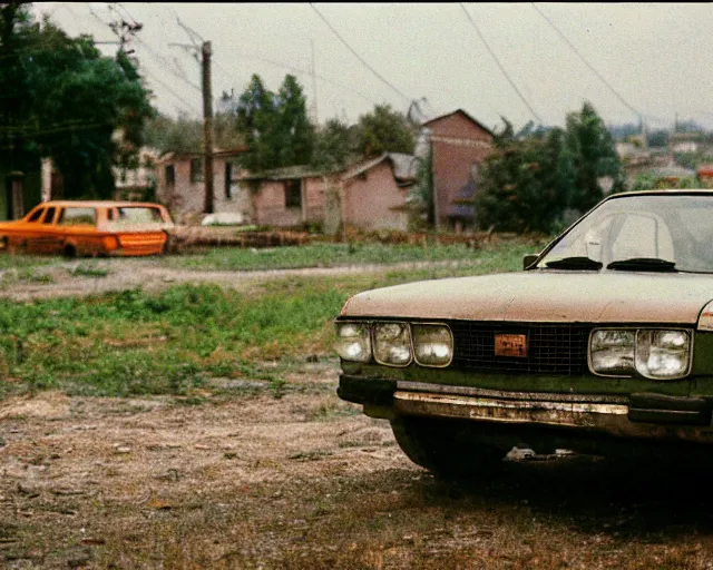 Image similar to a lomographic photo of old lada 2 1 0 7 standing in typical soviet yard in small town, hrushevka on background, cinestill, bokeh