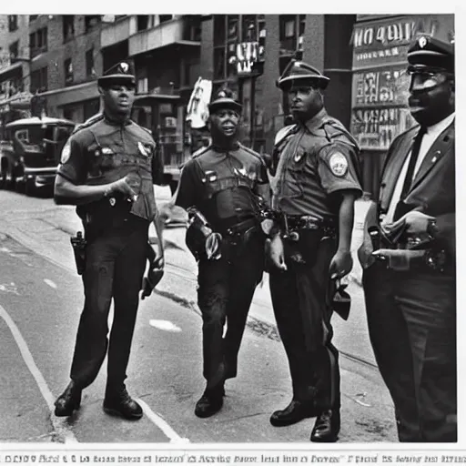 Image similar to paw patrol as cops in new york city, old historical photograph, 1 9 6 5, on the streets of harlem, artistic, gritty, heroic