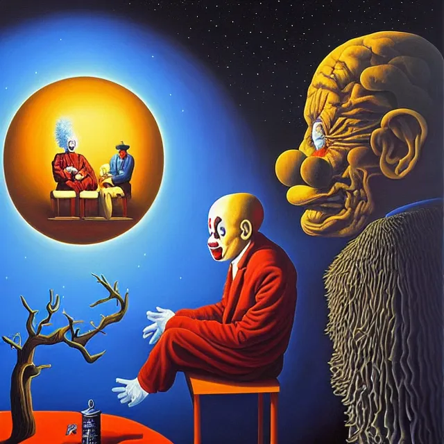 Image similar to an oil on canvas painting of a sad clown sitting by himself next to the devil, surrealism, surrealist, cosmic horror, rob gonsalves, high detail