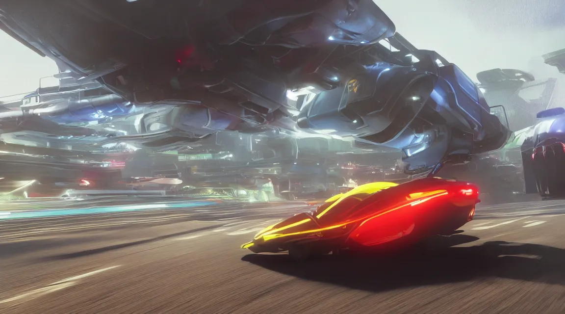 Image similar to mid to close up of a hover car from wipeout hd on a racetrack high motion blur lots of fog and very high depth of field LED strip lights on the road RTX render photorealistic 8k rendered on octane