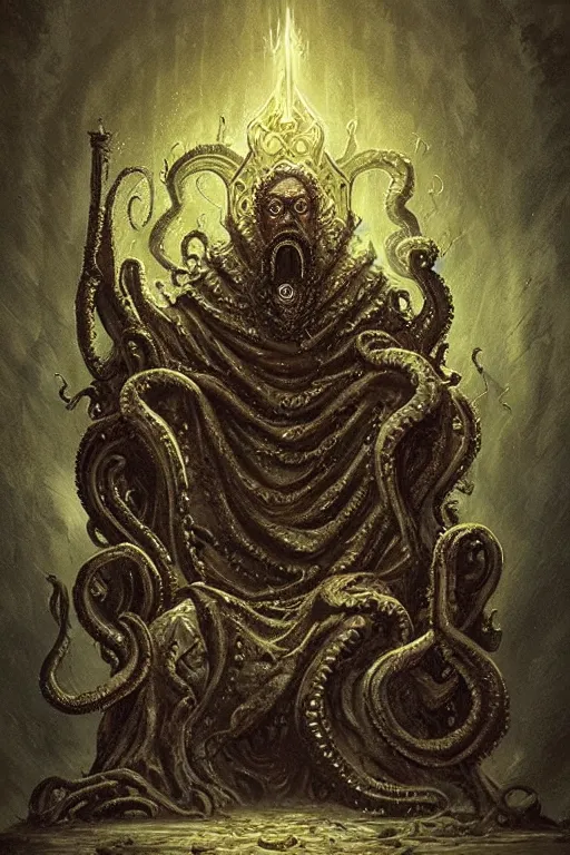 Image similar to lovecraftian king on a throne, digital art, in the style of greg rutkowski, trending on artstation