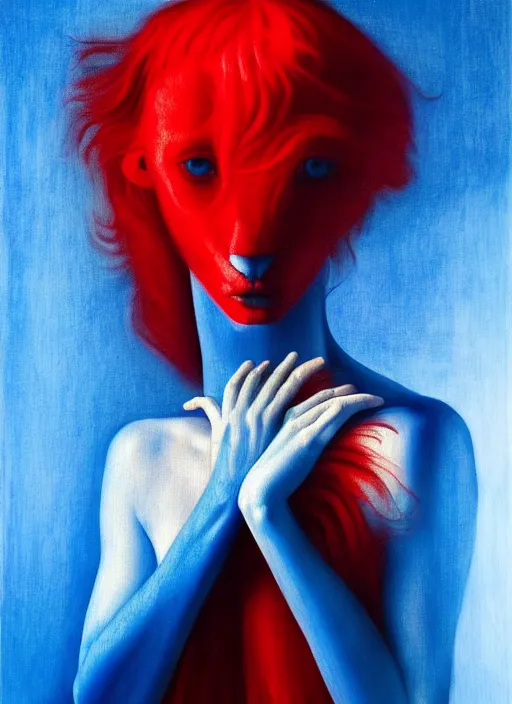 Image similar to only with blue, ney motogrosso in love with a red stallion, too many hands in all directions, in hoc signo vinces, waterfall, in the style of leonora carrington, gottfried helnwein, intricate composition, blue light by caravaggio, insanely quality, highly detailed, masterpiece, red light, artstation