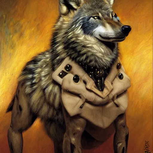Image similar to a portrait of a wolf hyenaman canine star trek chief engineer. highly detailed painting by gaston bussiere craig mullins jc leyendecker gustav klimt artgerm greg rutkowski furry